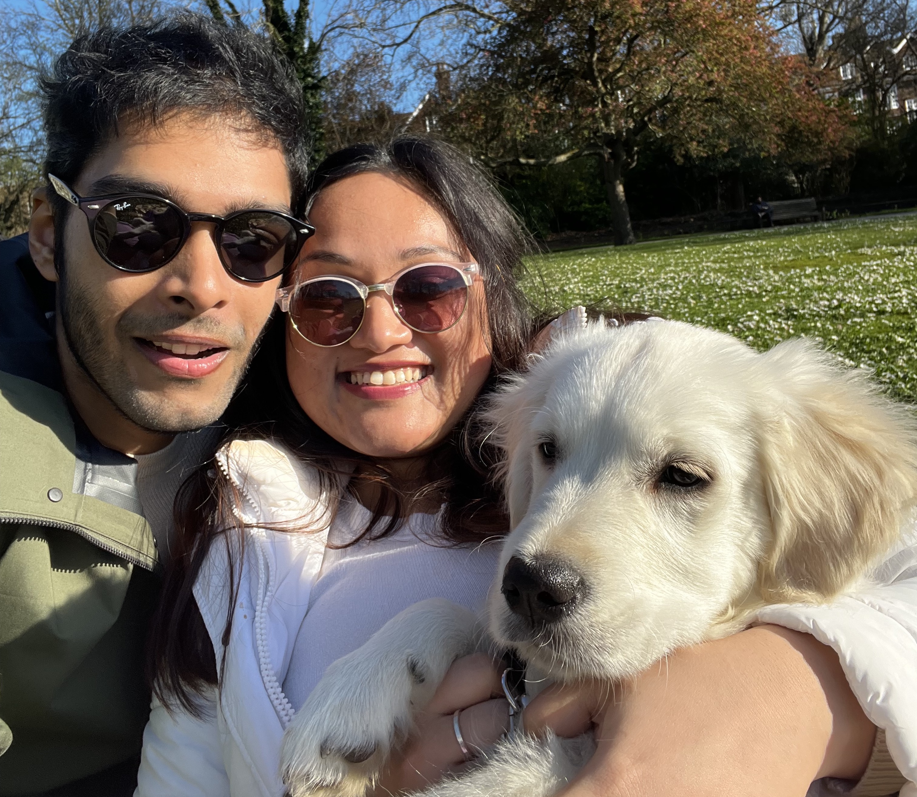 PawDrop founders with their Golden Retriever in a London park