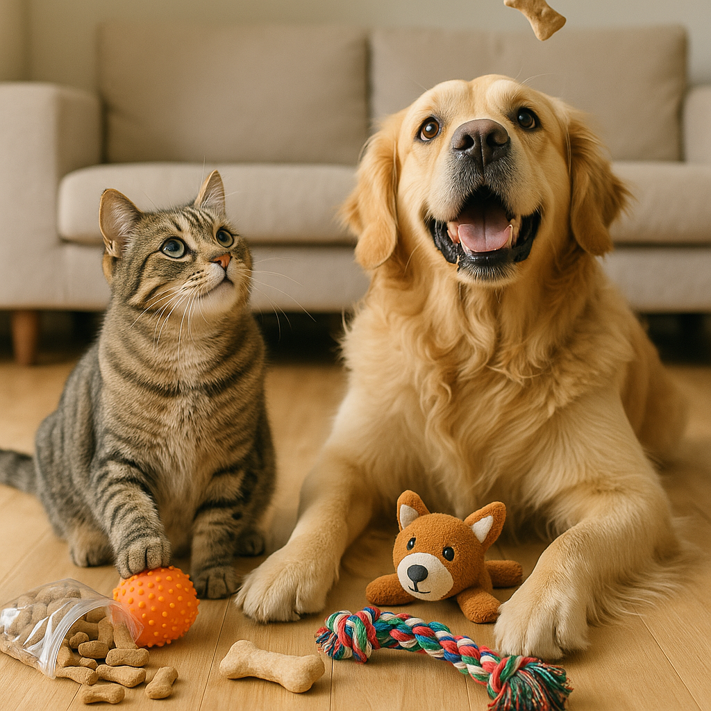 Happy golden retriever and tabby cat sitting together with various premium toys, treats, and accessories scattered around them