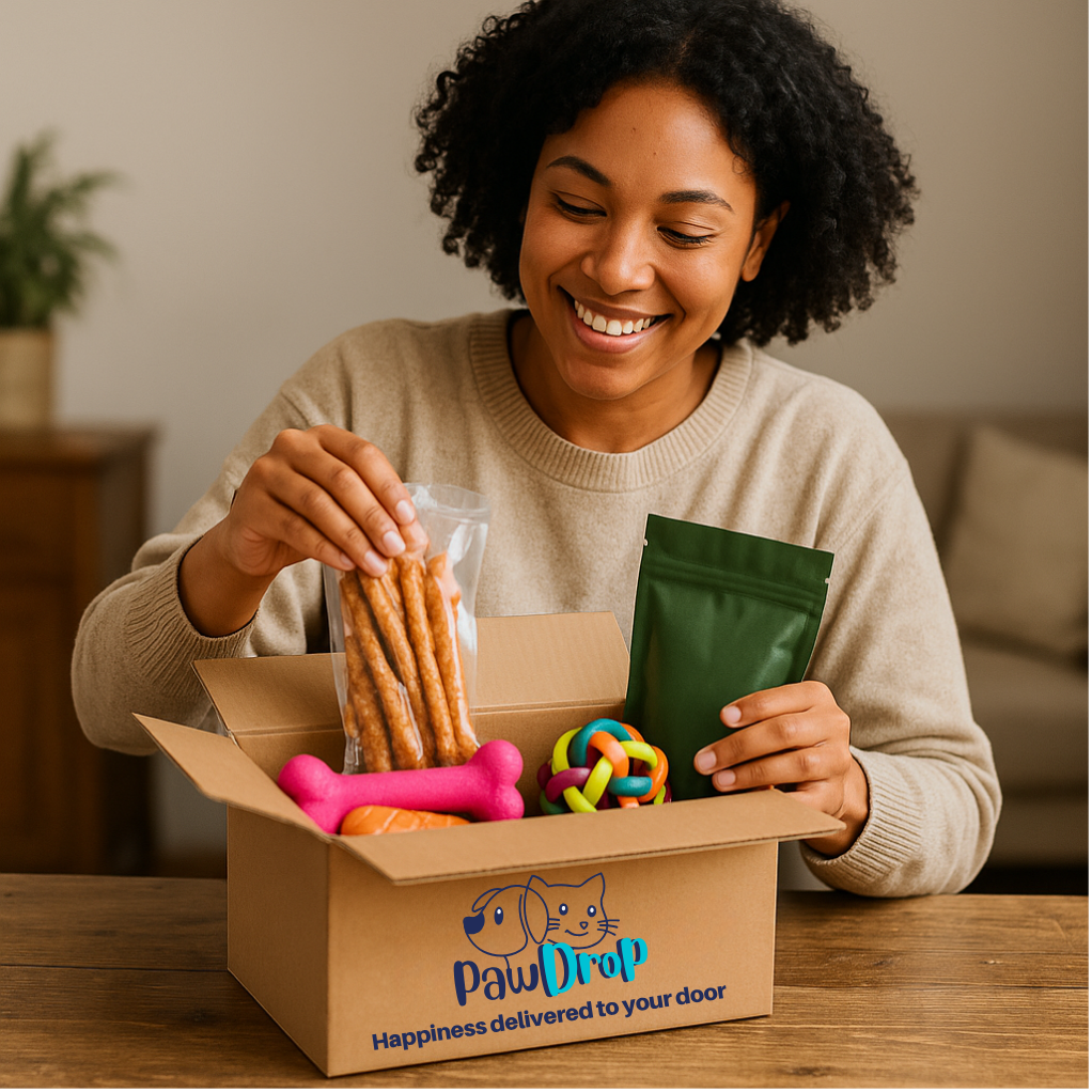 Smiling woman carefully curating and packing premium dog toys, treats, and accessories into a PawDrop box